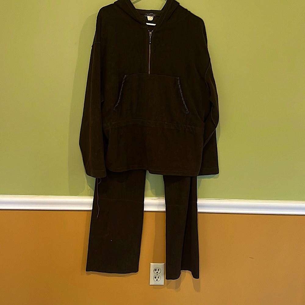 Terry cloth hoodie and matching terry pants .
